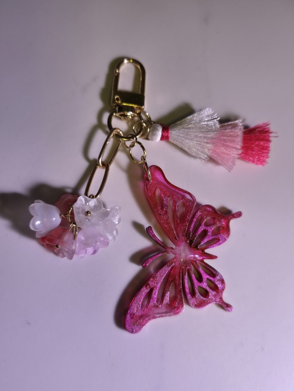 Handcrafted Pink Glitter Resin Butterfly & Tassel Bag Charm - Picture 3 of 4